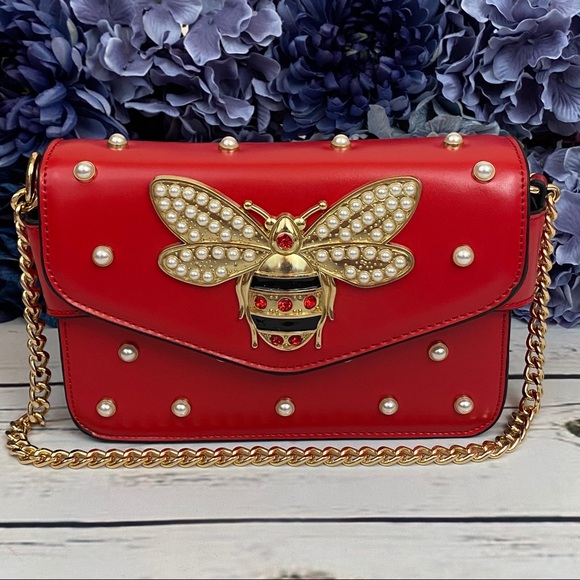 Beautiful Red Pearl Studded Bee Crossbody Purse - Picture 6 of 16